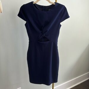 Fitted Navy Dress with Criss Cross Keyhole Cutout